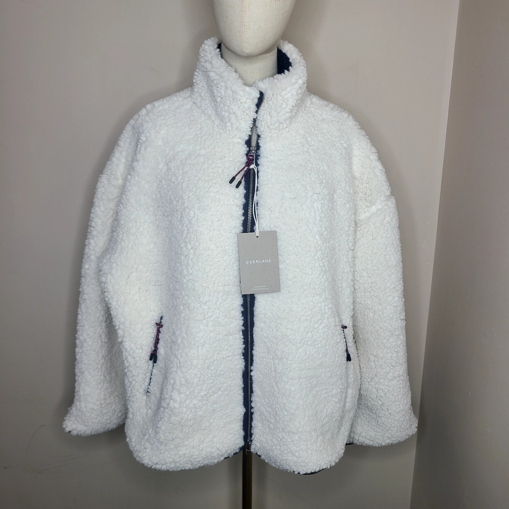 Everlane ReNew Sherpa Full Zip Jacket Mock Neck Bone Pockets Women's Sz XL